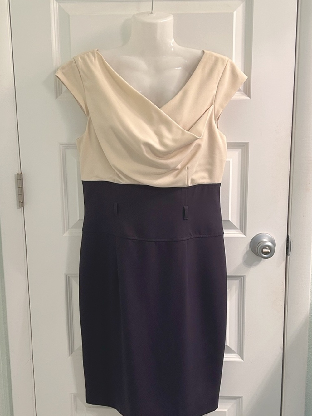 Calvin Klein Belted Drape-Neck Sheath Dress, Size 8, Bone & Indigo